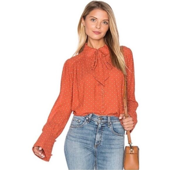 Free People Kennedy Terracotta Polka Dot Bow Tie Blouse S - Picture 1 of 7